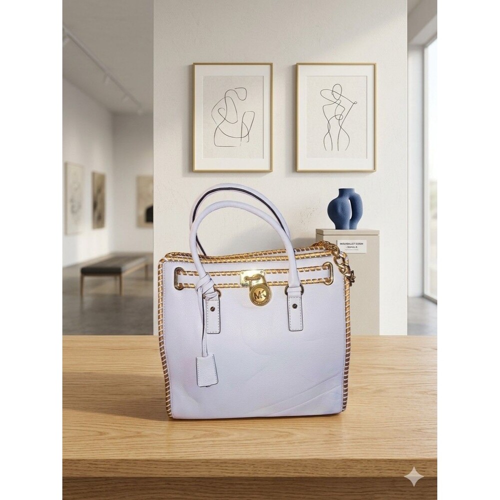 MICHAEL KORS LARGE WHIPPED HAMILTON TOTE WHITE GOLD CONVERTIBLE NORTH SOUTH